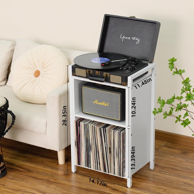 White Vintage 3-Shelf Record Player Stand 100 Album Capacity Wood Cabinet with Turntable Table Handle for Bedroom Living Room