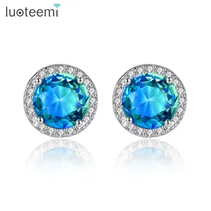 LUOTEEMI Clous d'oreilles diamant en cristal bleu Boucles d'oreilles en or blanc Boucles d'oreilles percées en cuivre