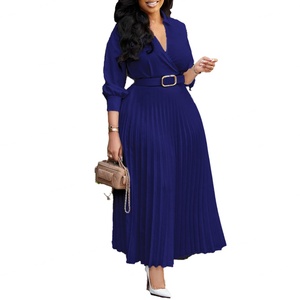 Vestidos Plisados de Color Sólido con Cinturón y Manga Cinco Cuartos para Mujer, Nueva Colección de Otoño, Venta al Por Mayor Personalizada - Product Image 4