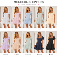 Robe Courte Décontractée Blanche Broderie Creuse Manches Bouffantes Ourlet Festonné Col Carré pour Femme – Vente en Gros