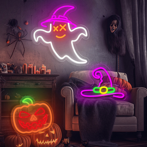 Dropship diseño libre personalizado LED signo Logo Aglowing ornamento decorativo Halloween <span class=keywords><strong>travieso</strong></span> fantasma neón luces de pared para fiesta - Product Image 3