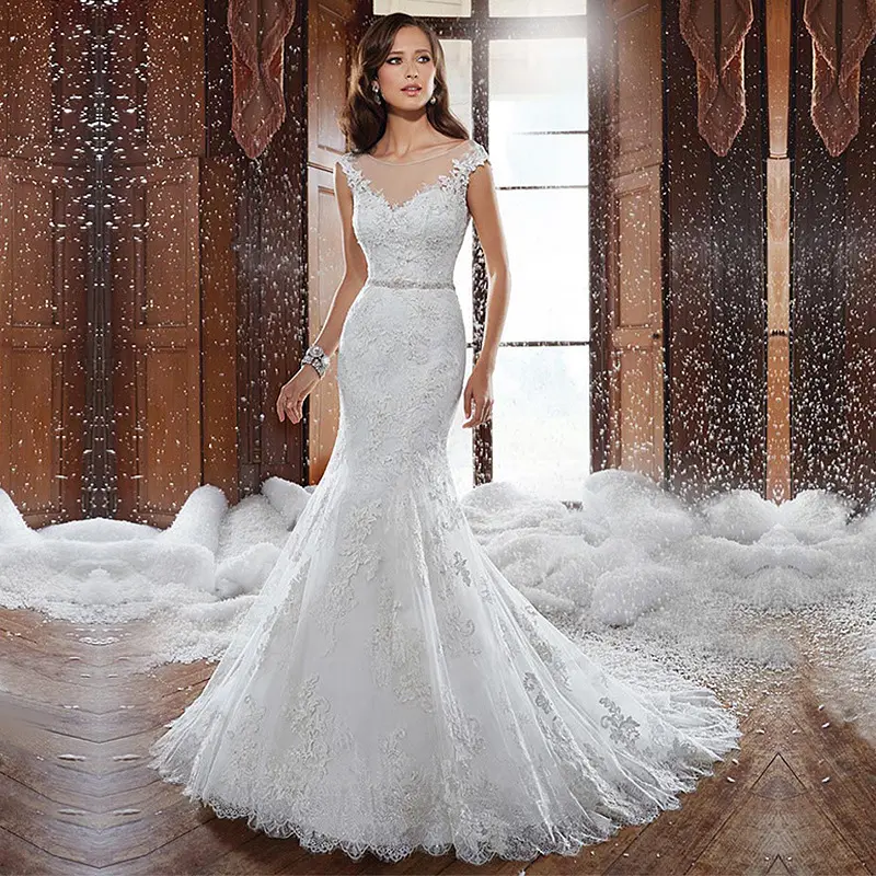 OEM Illusion Lace Beaded Sequin Mermaid Off Shoulder Wedding Dress Appliques Sweep Train Bridal Gown