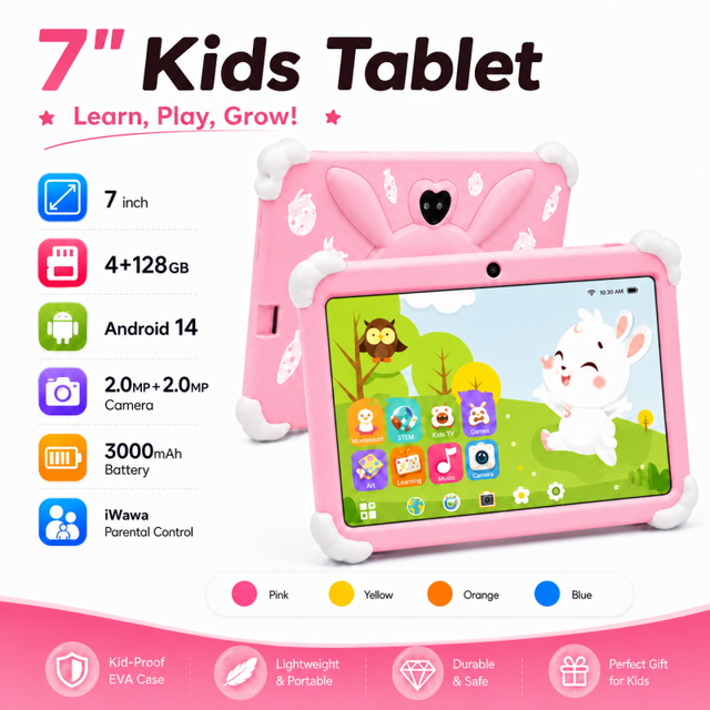 7 Inch Kids Tablet Android 14.0 GMS 4GB 128GB Children Tablet PC with Standing Case TABY Children Learning Tablet for Kids