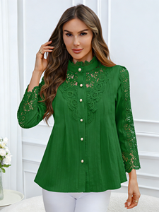 เสื้อผู้หญิงไซส์ใหญ่ สีเขียว ผ้าชีฟอง แต่งลูกไม้ปักลาย คอทรงโอ กระดุมมุก ทรงหลวม ทรงเอ แขนยาว เสื้อคลุมตัวยาว สไตล์ทูนิค สำหรับฤดูใบไม้ผลิ สีพื้น - Product Image 2