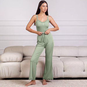 Ensemble <span class=keywords><strong>pantalon</strong></span> et haut à bretelles en dentelle extensible personnalisé pour <span class=keywords><strong>femme</strong></span> – Confortable, décontracté, sexy, idéal pour la maison, été et printemps - Product Image 3