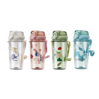 Botella de Agua de Plástico de Grado Alimenticio de Doble Uso para Niños, Vaso con Pajita, Portátil, Resistente al Calor, Diseño de Dibujos Animados, Correa de Transporte para 550 ml