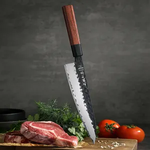 HEZHEN NEU Hochwertiges kohlenstoff 10Cr-Kern Edelstahl Kochmesser mit rotem Holzgriff Küchenmesser handgefertigt