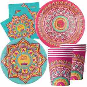 Décoration de fête des lumières, serviettes de table pour 12 invités, assiettes en papier, vaisselle indienne colorée pour Diwali - Product Image 2