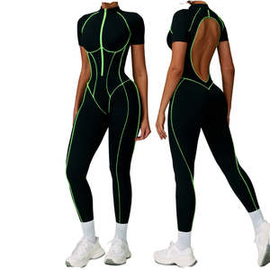 Nuevos Monos y Trajes Deportivos de Talla Grande para Mujer, Mono de Una Pieza para Gimnasio y Fitness, Conjunto de Yoga con Ribete en Contraste, Manga Corta, Spandex/Nylon - Product Image 1