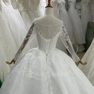 Robe de mariée de luxe moderne style princesse, manches longues, appliques perlées, longueur ras du sol, robe de bal, traîne chapelle, modèle Lsbh31 - Product Image 6