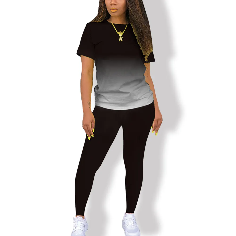 Ekip boyun T-shirt & spor pantolon kıyafetler, kadın giyim baskı rahat degrade iki parçalı pantolon seti, uzun kollu yaz