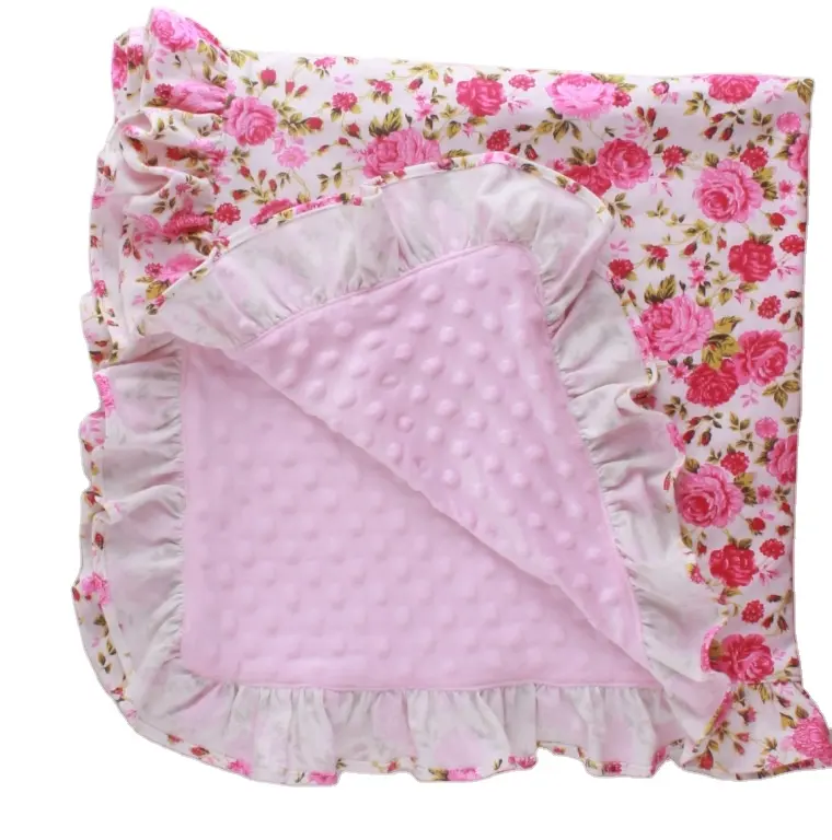 High Quality Very Soft Cotton Baby Blanket Girls Shower Gift Pink Floral Minky Dot Fleece Knitted Baby Blanket With Ruffle Trim