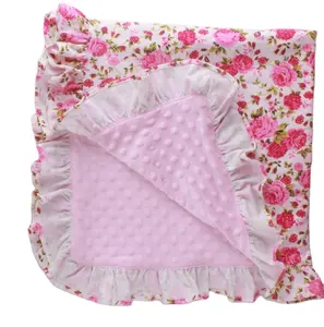High Quality Very Soft Cotton Baby Blanket Girls Shower Gift Pink Floral Minky Dot Fleece Knitted Baby Blanket With Ruffle Trim