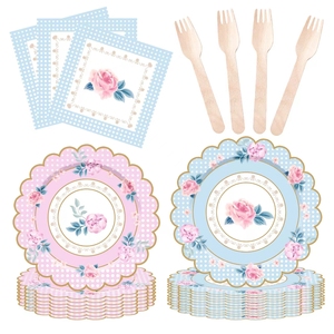 ชุดถ้วยน้ำชา จานรอง กระดาษเช็ดปาก ถ้วยชาและจานรองพร้อมหูจับ สำหรับงานเลี้ยงวันเกิดเจ้าหญิง ตกแต่งงานฉลองวันเกิดเด็ก ลายดอกไม้ - Product Image 4