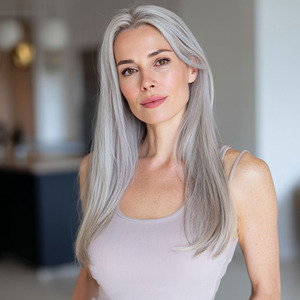 Nouvelle perruque en fibre chimique naturelle douce, cheveux longs et raides gris de 26 pouces, style Words Temperament. SM014 - Product Image 1
