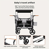 Chariot de camping pliable à quatre roues en acier marron avec auvent réglable pour 2/4 enfants, auvent amovible, double poignée réglable
