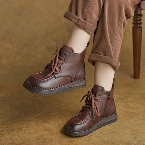 Bottes pour femmes en cuir de vachette véritable toutes saisons, à bout rond, à lacets, à plateforme et à talon compensé - Product Image 2