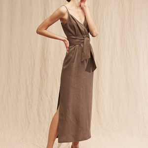 Tongrui 100% lin sans manches col en V licou réglable bandoulière femmes robes robe mi-longue robes décontractées femmes dames - Product Image 2