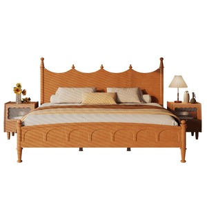 Lit en bois massif rétro français 1,8 m, lit plateforme double, couleur bois de cerisier, meubles de chambre durables - Product Image 4