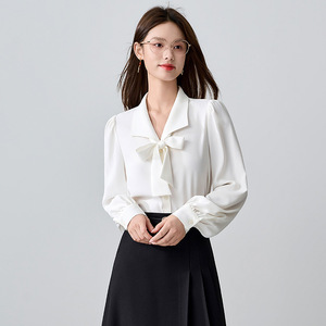 <b>White</b> Satin Blouse With Bow Tie Long Sleeve Women's Office Shirt For Work And Interview - Product Image 1