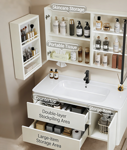 Meuble de salle de bain moderne blanc crème avec miroir intelligent, grand espace de rangement pour articles de toilette - Product Image 3