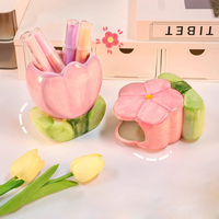 Magnifique boîte de rangement pour stylos en céramique à motif floral de tulipe, organisateur de papeterie de bureau
