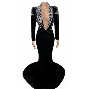 Luxus Black Velvet Deep V Kristall Blazer Meerjungfrau Abendkleid Sexy Gesellschaft stanz Nacht kleider Für Frau Hochzeits feier Kleid