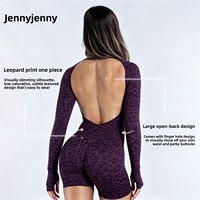 D F Combinaison de yoga courte pour femme, imprimé léopard, manches longues, dos en U profond, avec passe-pouce, très extensible, effet ventre plat