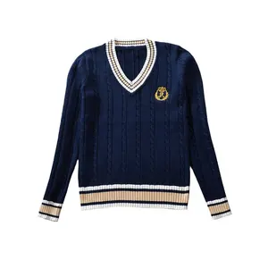 custom student school cable knitted v neck sweater Long sleeved school uniform sweater for male and female students