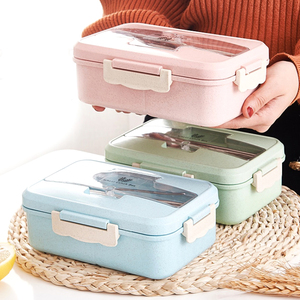 wheat straw japanese bento box lunch for kid with cutlery handle , office plastic lunch box bpa free reusable eco friendly kids