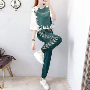 Women's Casual Sports Suit Loose Fit Korean Style 2025 Summer New Arrival Harem Pants Short Sleeve Two Piece Set Green - Product Image 3