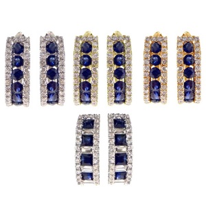 Boucles d'oreilles créoles classiques et élégantes en or blanc 18 carats avec diamants SI et saphir bleu rond pour femmes, cadeau de mariage et occasions de fête - Product Image 4