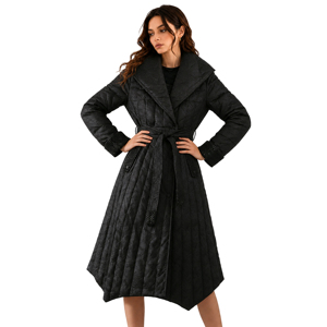 Elegant Black Belted Quilted Long <strong>Coat</strong> for Women, Big Notched Lapel Slim Waist Formal Commute Padded Overcoat - Product Image 1