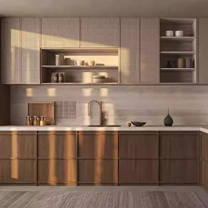 Armoires de cuisine sur mesure pré-assemblées de style japonais avec lignes squelettiques, placage fini, porte en rotin - Product Image 3