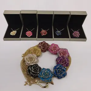 24K Gold Plated Real Rose Necklace Handmade Metal Craft Natural Colorful Flower Jewelry for Wedding Bridesmaid gifts