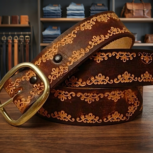 BS INTERNATIONAL Unisex Cow Hide Leather Casual <b>Belt</b> Square Floral Heat-Transfer Printed Waterproof Lightweight Durable Steel - Product Image 1