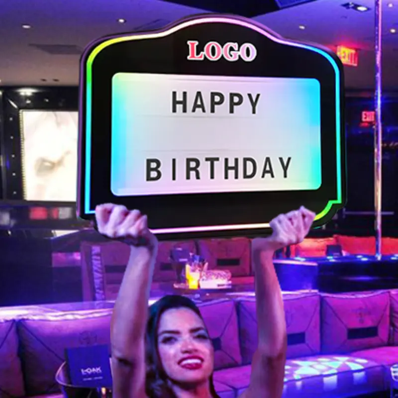 Led cumpleaños aplicación controlada acrílico personalizado LED club nocturno logo tablero de mensajes botella presentador para cumpleaños