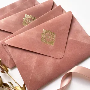 Envelope de veludo para convite, cartão de papel personalizado de convite para casamento, folha de ouro