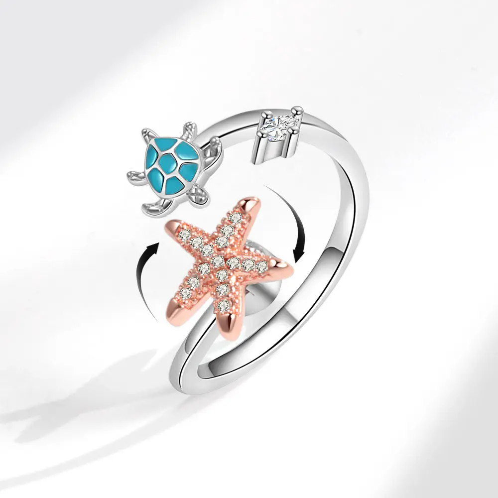 Cincin jari bintang kura-kura putar giroskop Anti kecemasan lucu bagus perhiasan cincin mewah Opal biru alami untuk wanita