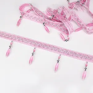 Rideau en dentelle rose avec perles, 12.5 pièces, accessoires de rideau en Textile pour la maison, prix bas, ombres de lampe, frange, décoration de la maison