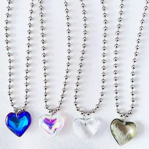 Heart pendant necklace gemstone crystal round bead chain with multi-color wholesale fashion design heart collar choker for women