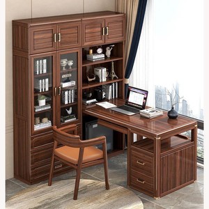 New Chinese Style Walnut <b>Solid</b> <b>Wood</b> Desk <b>Bookcase</b> Combination With Bookshelf Office Space Modern Minimalist Executive Desk - Product Image 3