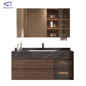 Mueble de baño inteligente de lujo en color marrón con vitrina de vidrio, encimera negra y gabinete de pared. - Product Image 4