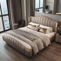 Neues Produkt: Maßgefertigtes, leicht luxuriöses, minimalistisches Doppelbett aus echtem Leder mit verstellbarem Massivholzrahmen im neuen chinesischen Modern-Stil