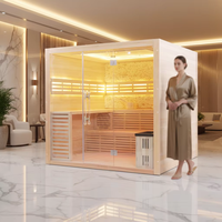 Sauna traditionnel familial de luxe pour 4 à 6 personnes, grande taille, avec mur en sel de l'Himalaya, porte entièrement vitrée, pour spa bien-être
