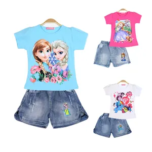 Mädchen Outfits Kurzarm Baumwolle Elsa Anna Sommer Kinder Jeans Shorts Kleidung Zweiteilige Sets Kinder Kleidung Sofia Pony