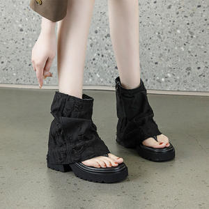 Botas de moda de tacón apilable con diseño europeo de nicho, sandalias de mezclilla con puntera y calcetín, novedad de verano 2026 para mujer - Product Image 1
