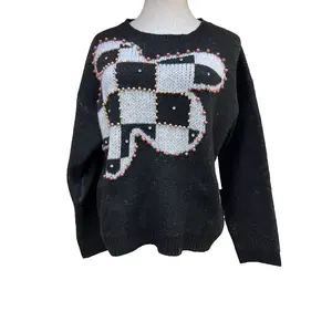 D1204TD48 Popular Crew Neck Beaded Winter Knitted Pattern Pullover Sweater For Women Sehe Fashion