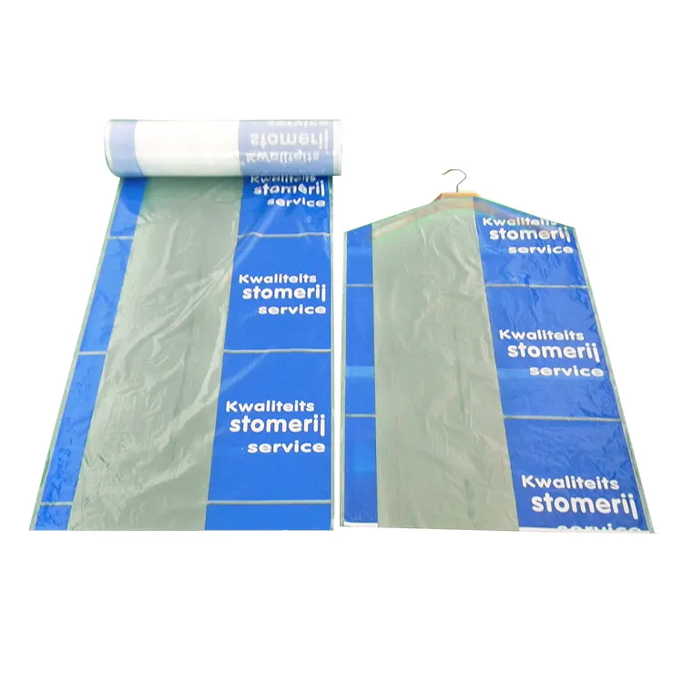 Clear logo printed hanging polythene 72 dry clean laundry plastic covers garment bags on a roll
