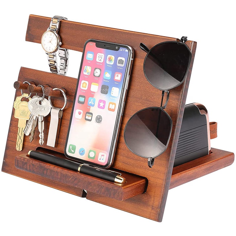 Nightstand Organizer Docking Station for Mens Wooden Phone Docking Station Natural Pine Wood Hooks Key Holder Wallet Stand